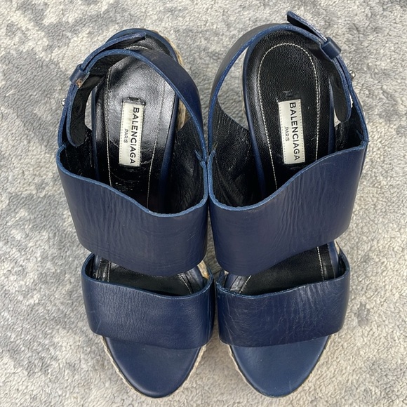Balenciaga Navy Blue Leather Espadrille Wedge Sandals Sz 39 - Picture 3 of 16